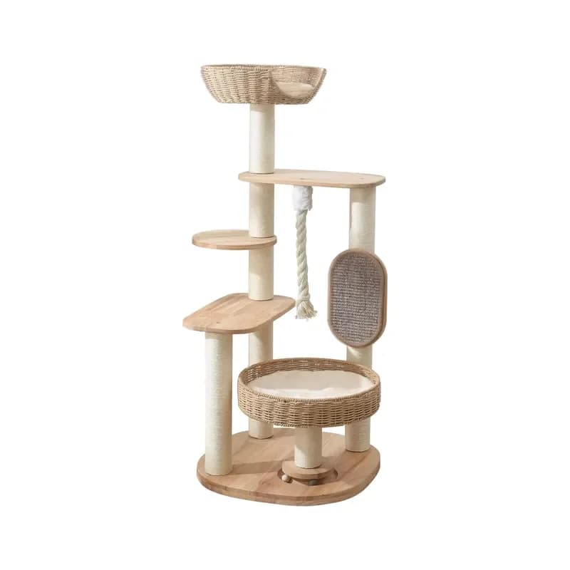 for Wooden Cat Tower Multi Level Cat Condo with Hand Woven Bed Scratching Board Easy Clean Indoor Cat Tree
