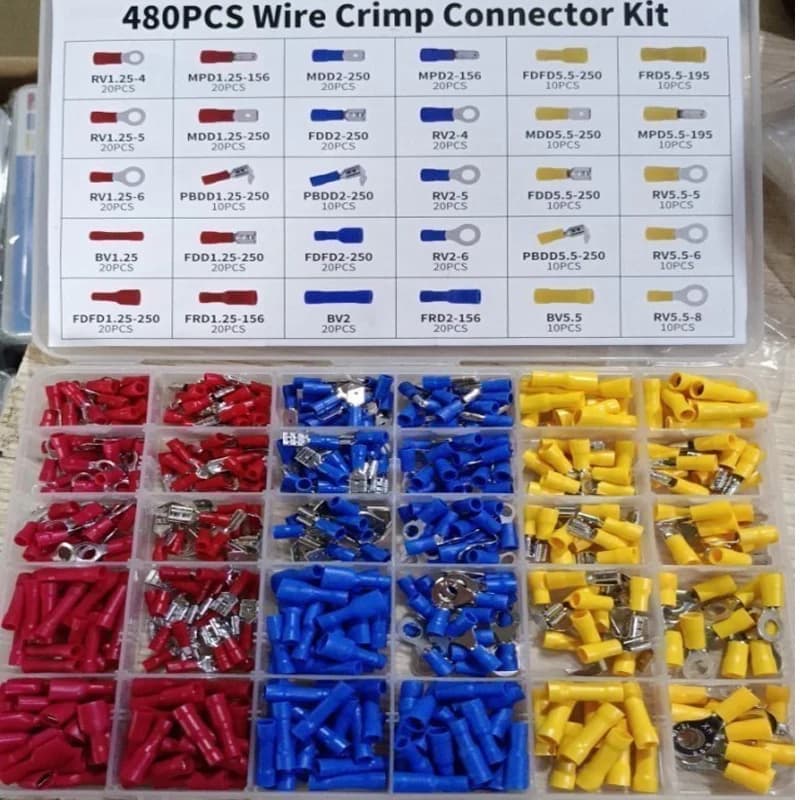 Kit Assortito di 480 Connettori Isolati per Cavi Elettrici, Terminali a Forcella, Anello e Spade, con Capicorda a Anello e Terminali Arrotolati