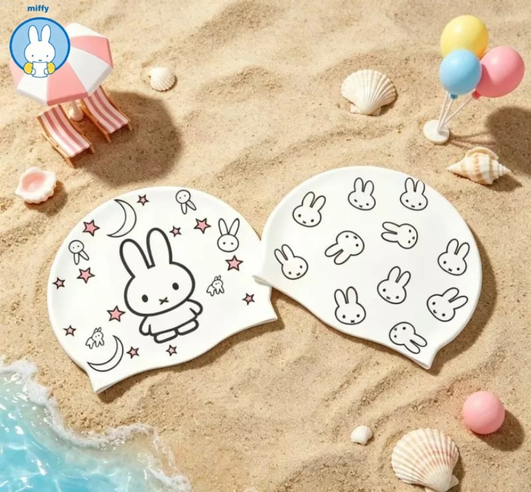 Kawaii Miffy New Cute Silicone Swim Cap - Women's Size - Adult High-Fitting Waterproof Ear-Protecting Swim Cap - Universal Use