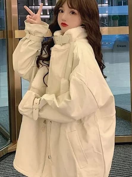 Extra Large Size Cotton Jacket Loose Over-sized Autumn Winter Coat with Fur Collar Sweet Style Windproof Polyester Fiber