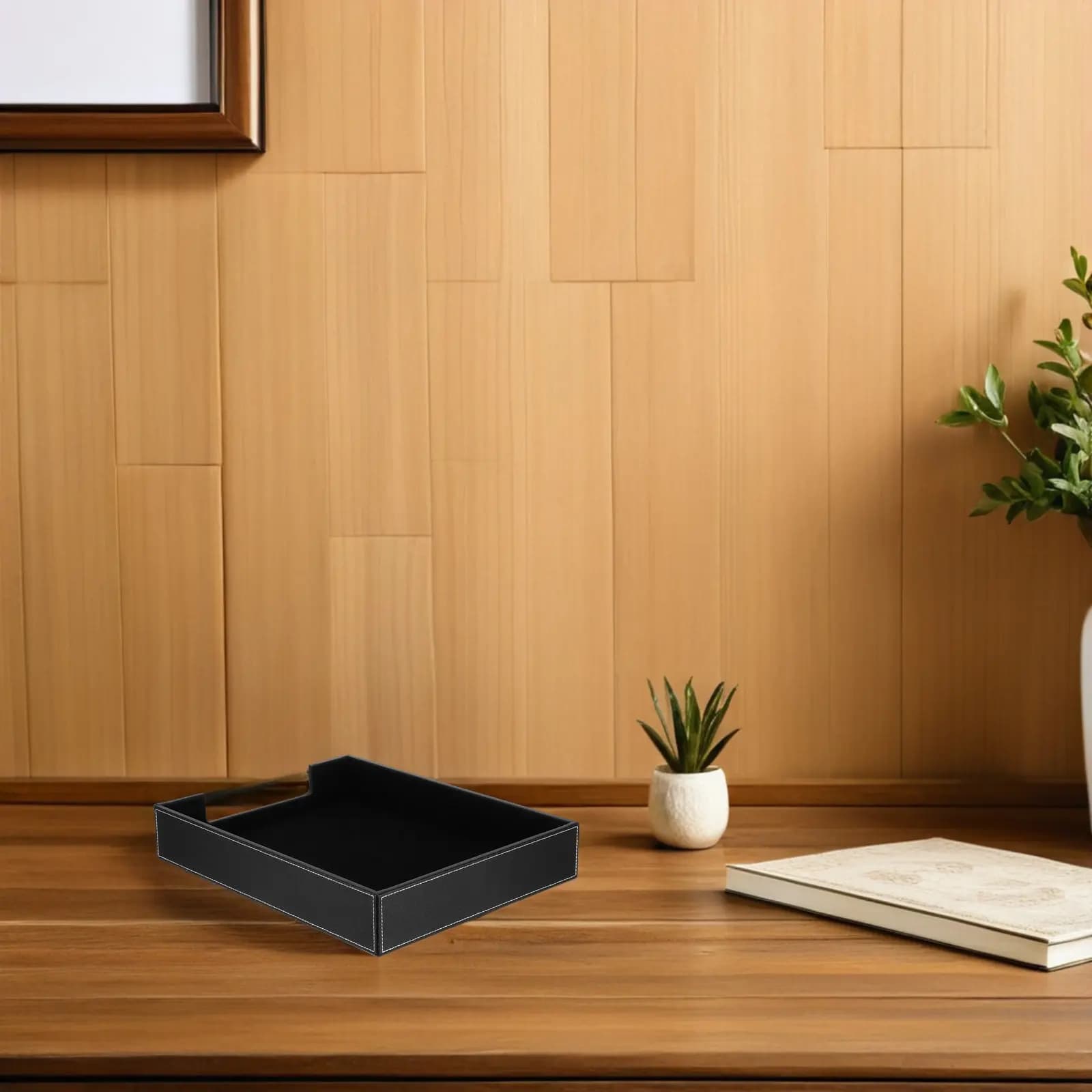 Black Desktop File Organizer Tray 14x11x2.4 Inch PU Document Tray for Letters Papers Folders Office Desk Organizer