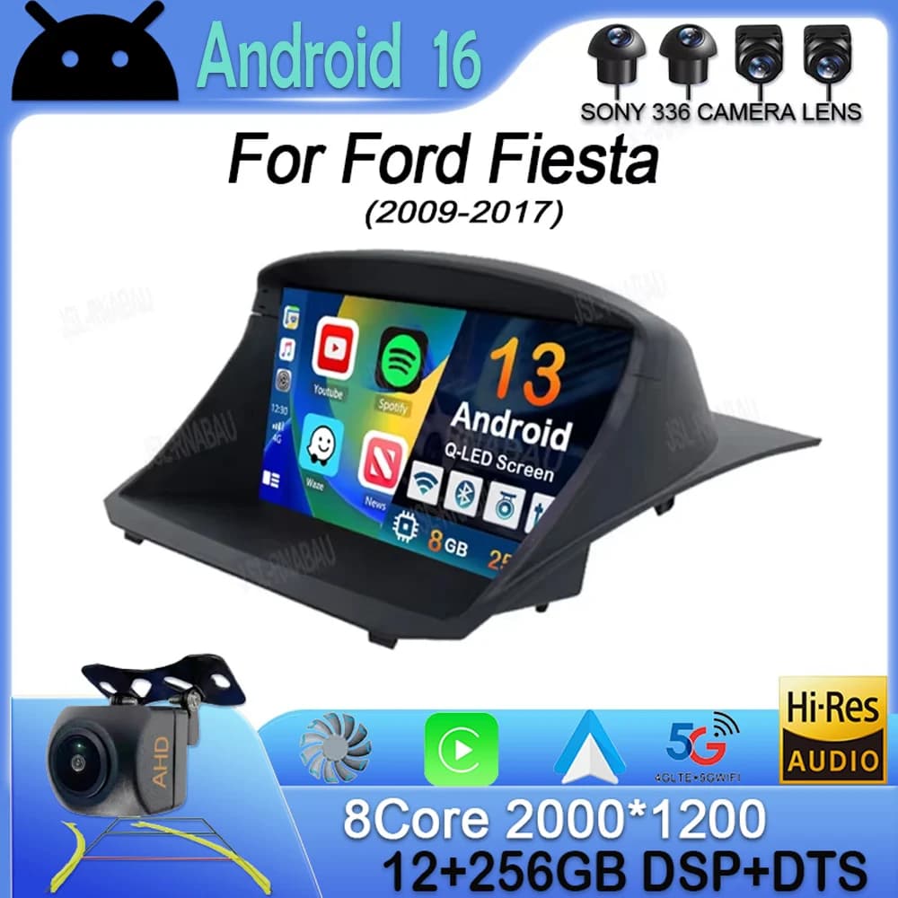 Autoradio Android 16 con Carplay per Ford Fiesta 2009-2017, Navigatore GPS, Lettore Multimediale Video, Stereo con Telecamera a 360°