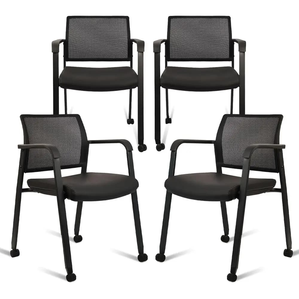 Sedie da Ufficio Impilabili con Schienale in Rete e Ruote, Cuscino in Pelle Confortevole, per Sala d'Attesa, Conferenze, Scuola, Nere, Confezione da 4