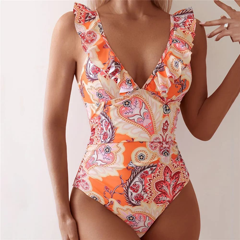Costume da bagno senza schienale con stampa floreale arancione Costume da bagno con scollo a V con volant Donna Costume intero con lacci posteriore 2025 Costume da bagno increspato