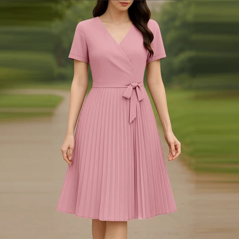 ZANZEA Women's V-neck party dresses, elegant summer dresses in plain color, short sleeved dress, summer dress pleated, casual, work dress, midi