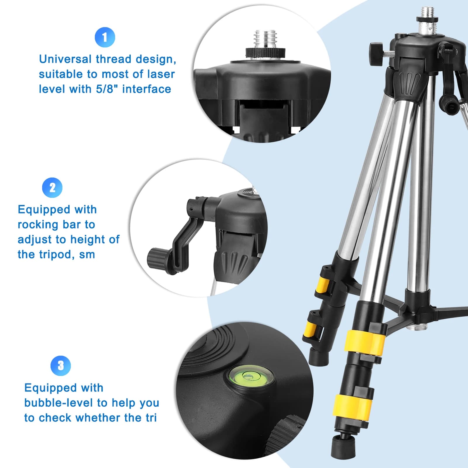 1.2 m stainless steel extension bar: 3-height adjustment with bubble for tripod