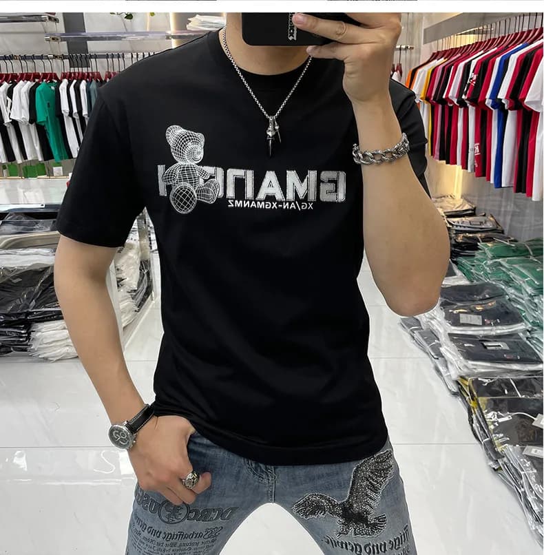 Summer loose men's t-shirt Print bear Hot Diamond Design new style Popular cotton t-shirt O-Colle Clothing Top M-5XL