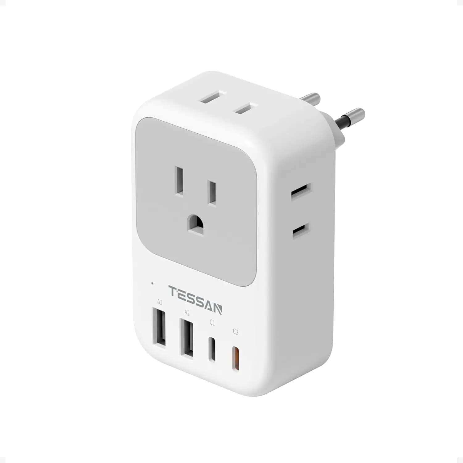 8-in-1 Europe Travel Plug Adapter: 4 Outlets, 2 USB-C (1 PD 20W), 2 USB-A, Type C for EU