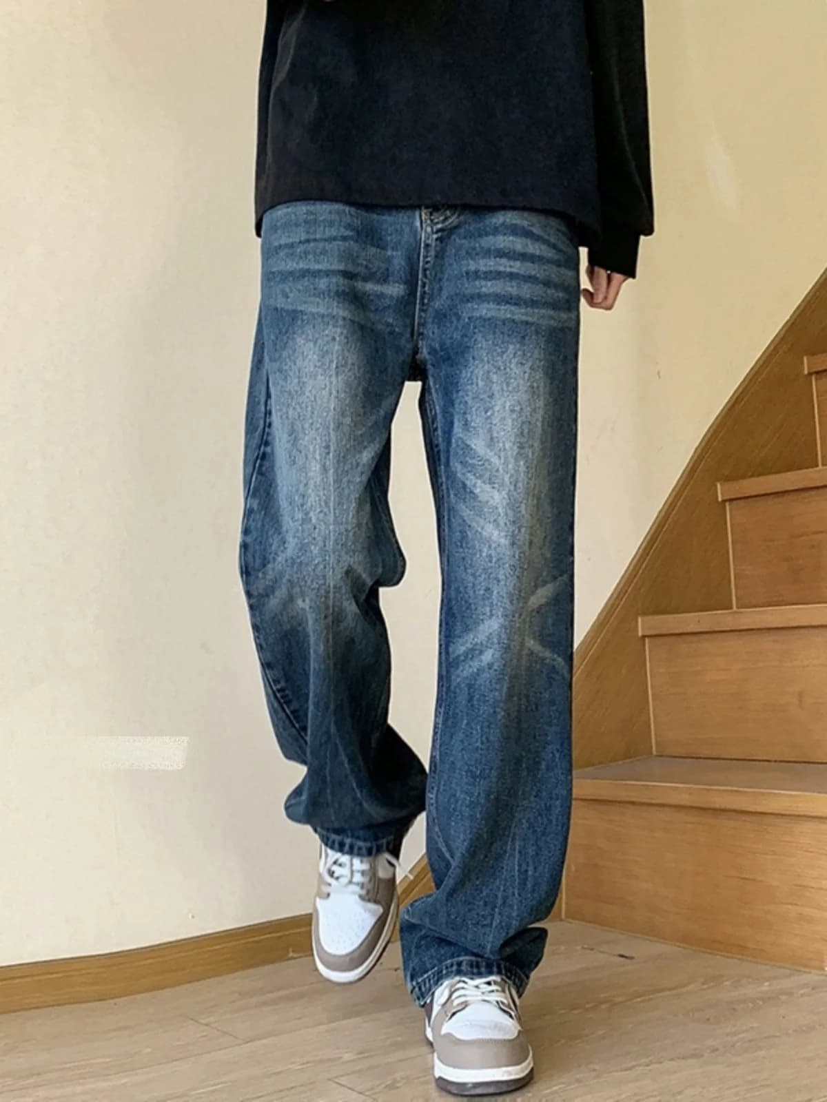 Washed Denim Jeans Men's American Retro Vibe Loose Wide Leg Pants Spring Autumn Trend Elastic Straight Leg Trousers