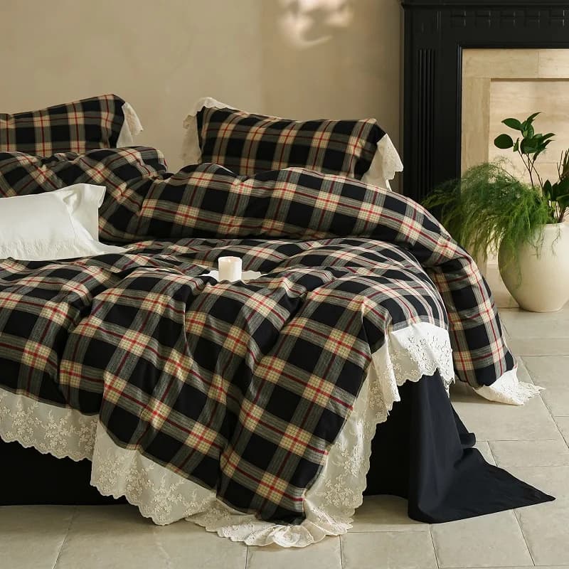 Set biancheria da letto con volant in pizzo con stampa scozzese 100% cotone Doppia Queen King Size Copripiumino Federe lenzuolo piatto/con angoli 4 pezzi