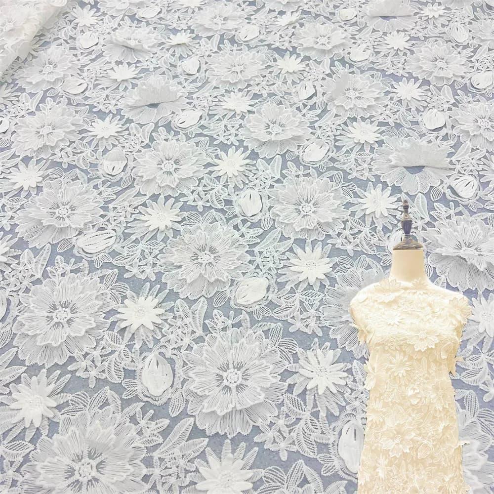 150cm Wide Water Soluble White Milk Silk 3D Flower Fabric Women Organza Lace Wedding Dress Embroidery Material F085