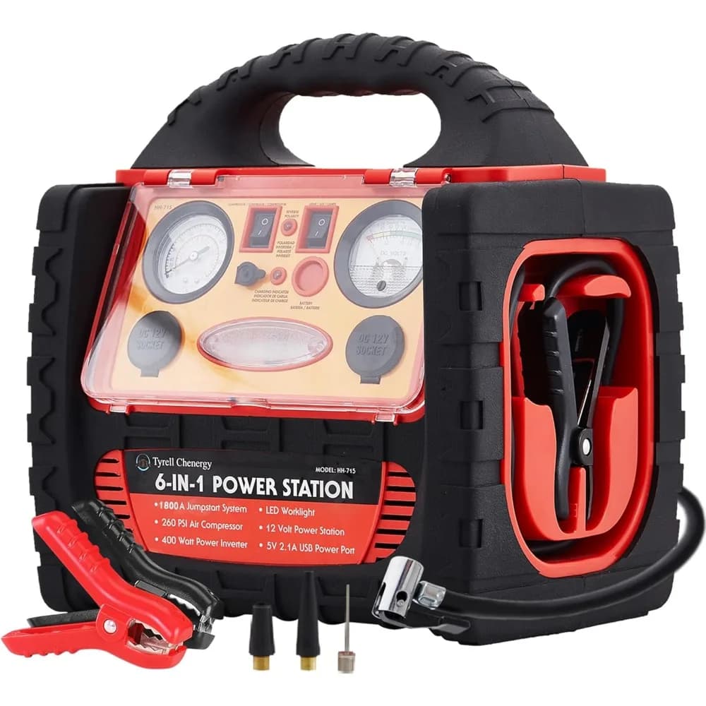 Avviatore di emergenza per auto da 1800 A con compressore d'aria, centrale elettrica portatile con gonfiatore per pneumatici da 260 PSI, inverter di potenza da 400 W doppio AC/DC P