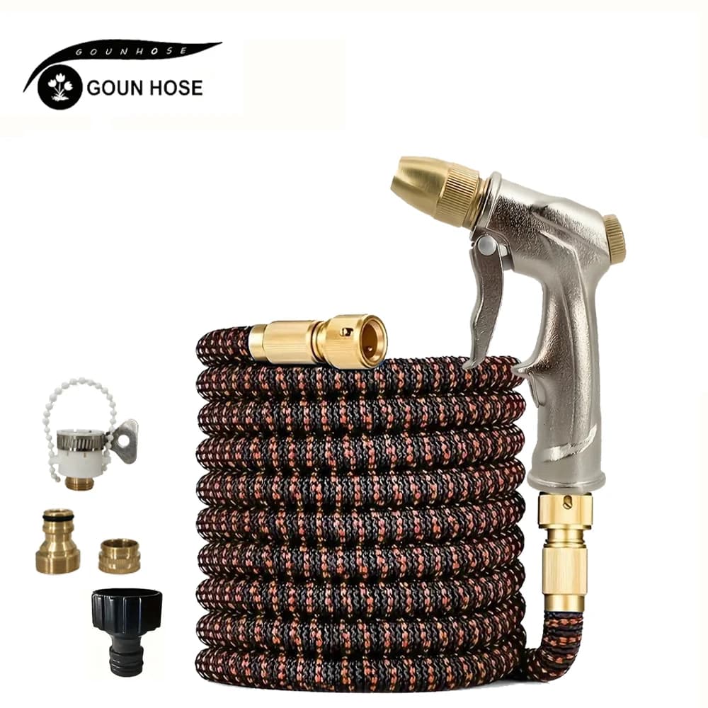 Flexible and extendable rubber garden hose with high pressure metal water gun for lawn irrigation and car wash