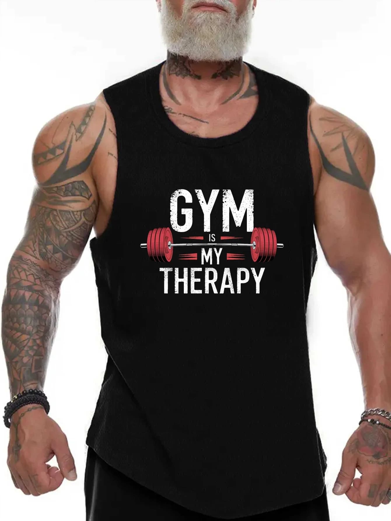 The gym is my relaxation area. The image of barbells and handlebars, a large men's vest - summer fitness clothing.