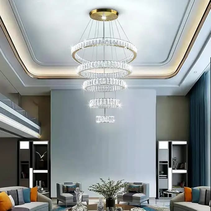 Dixun LED Crystal Lamps, 5 Ring Modern Suspension Lamp Adjustable Ceiling Lamp Stainless Steel Titanium Gold For Be