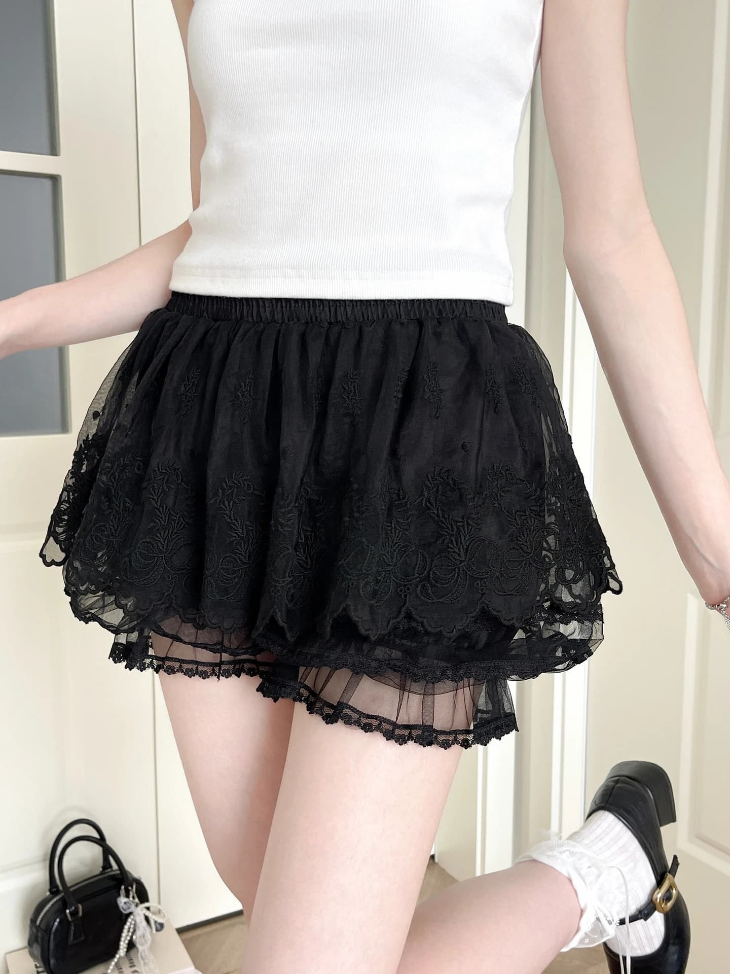 Elegant Black Lace Embroidery Flower Bud Skirt Women's Summer Simple Style Elastic Waist Anti-Light Nylon Fabric Skirts