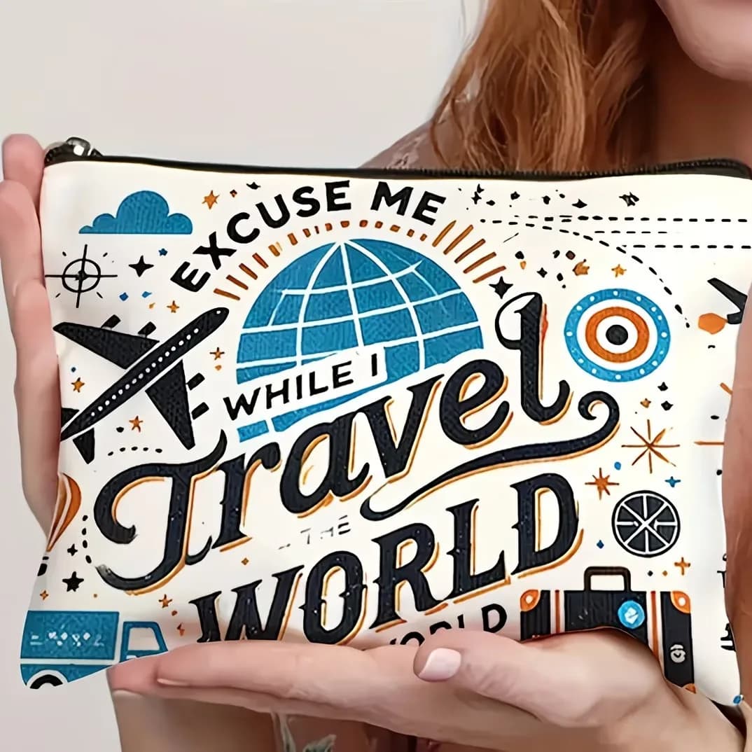 Excuse Me While I Travel The World Print Cosmetic Bag Canvas Makeup Pouch Airplane Globe Travel Lover Zipper Storage Purse