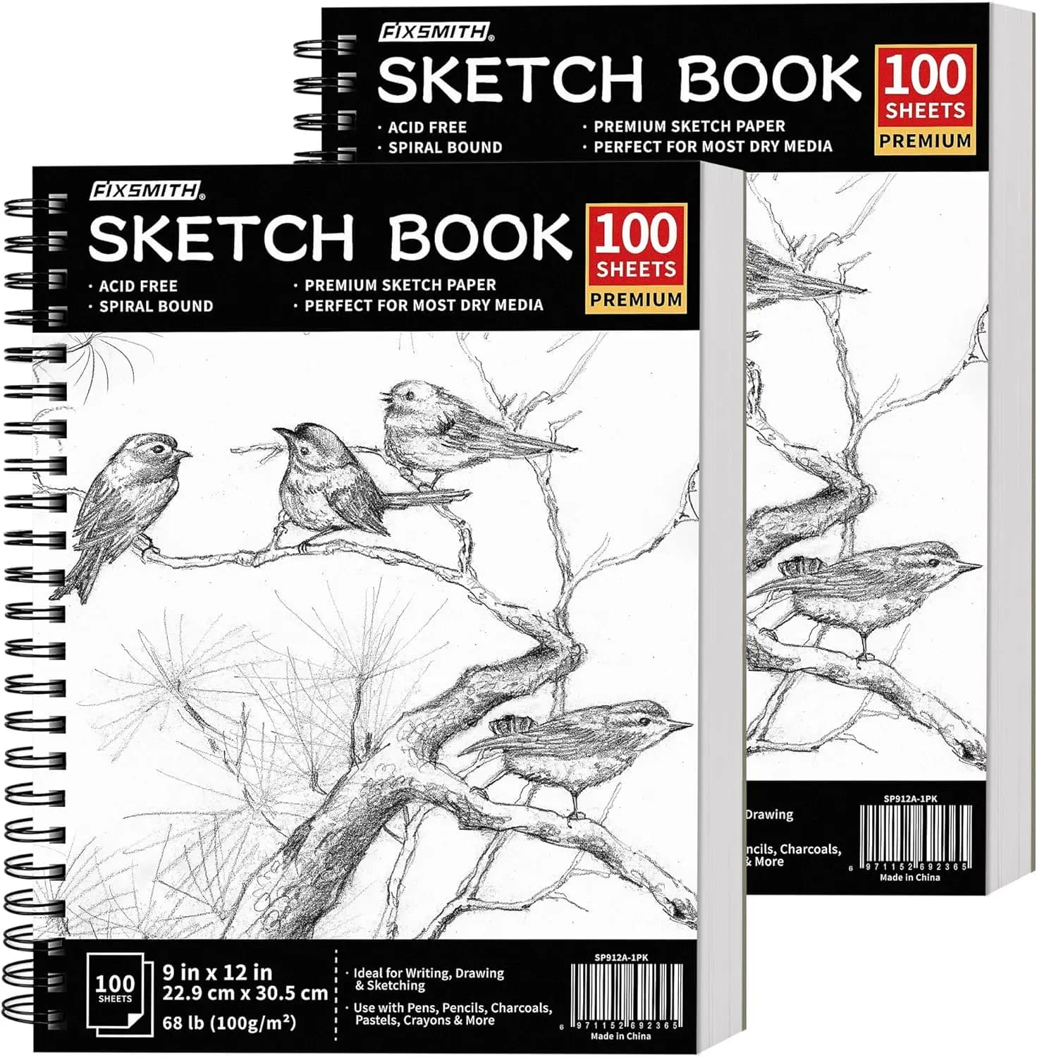 9x12 Sketch Book 200 Sheets 2 Pack Spiral Bound Drawing Paper for Beginners Artists with Acid-Free Bright White Pages