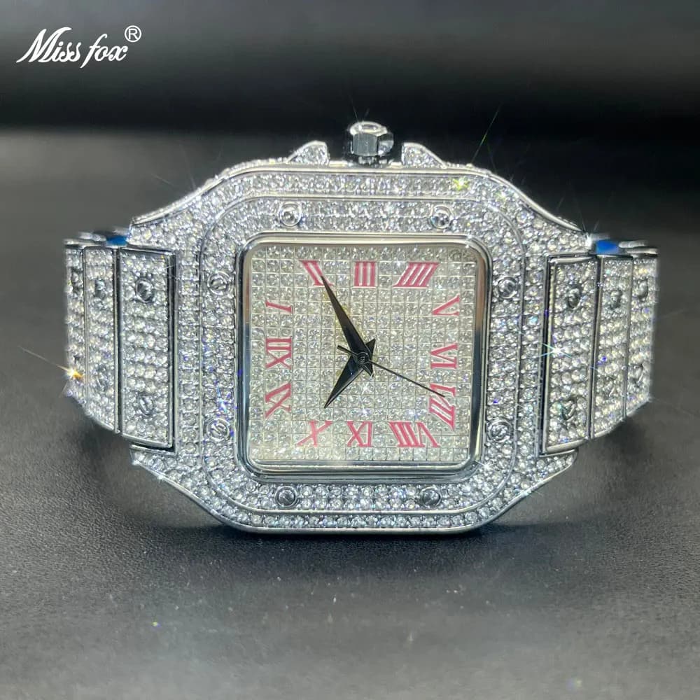 MISSFOX Iced Out Men Watch Square Face Diamond Pink Blue Number Quartz Luxury WristWatch Roman Clock Relogio Masculino Hot Sale
