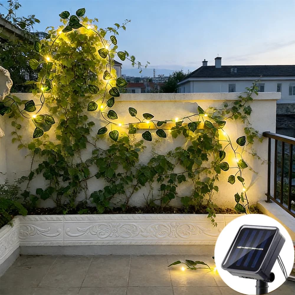 Luci Decorative per Feste e Matrimoni, Ghirlanda Solare LED 10M/5M/2M con Foglie Verdi Artificiali, Decorazione Natalizia per Casa e Pareti