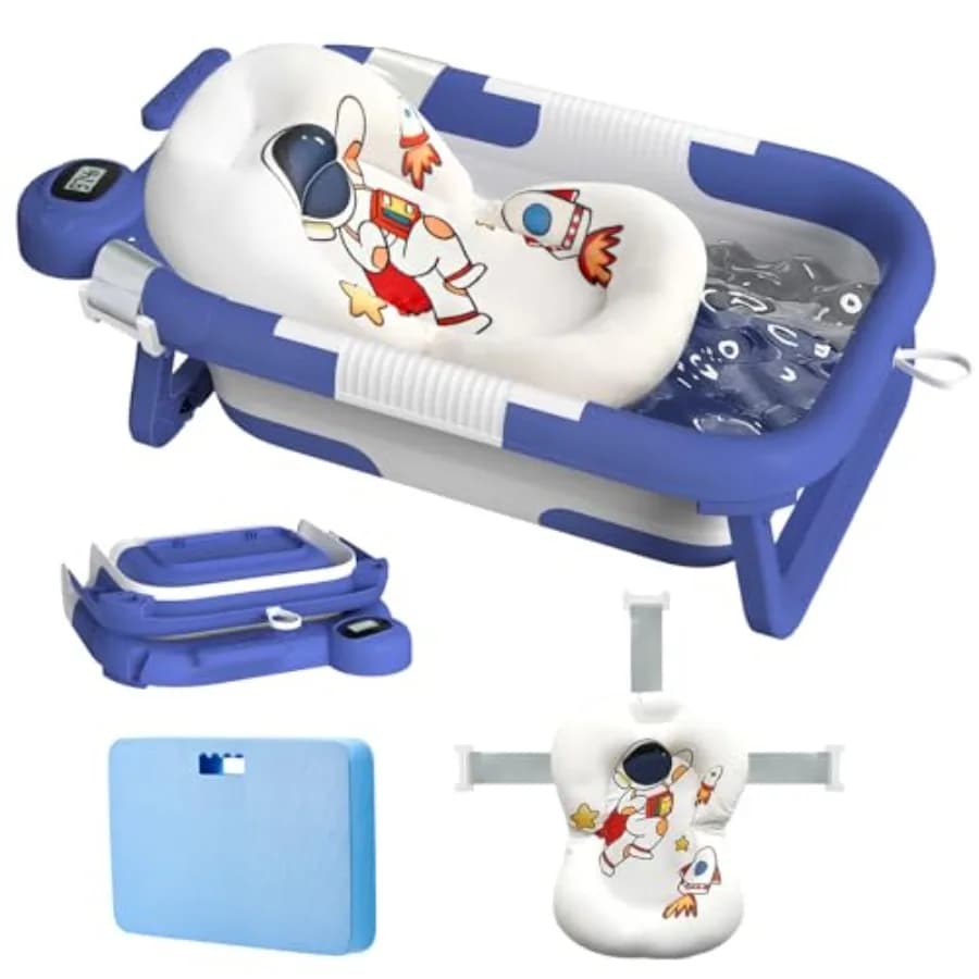 Vasca da Bagno Pieghevole per Neonati con Cuscino e Tappetino, Grande Vasca per Bambini con Termometro e Cuscino di Supporto, Portatile per Neonati