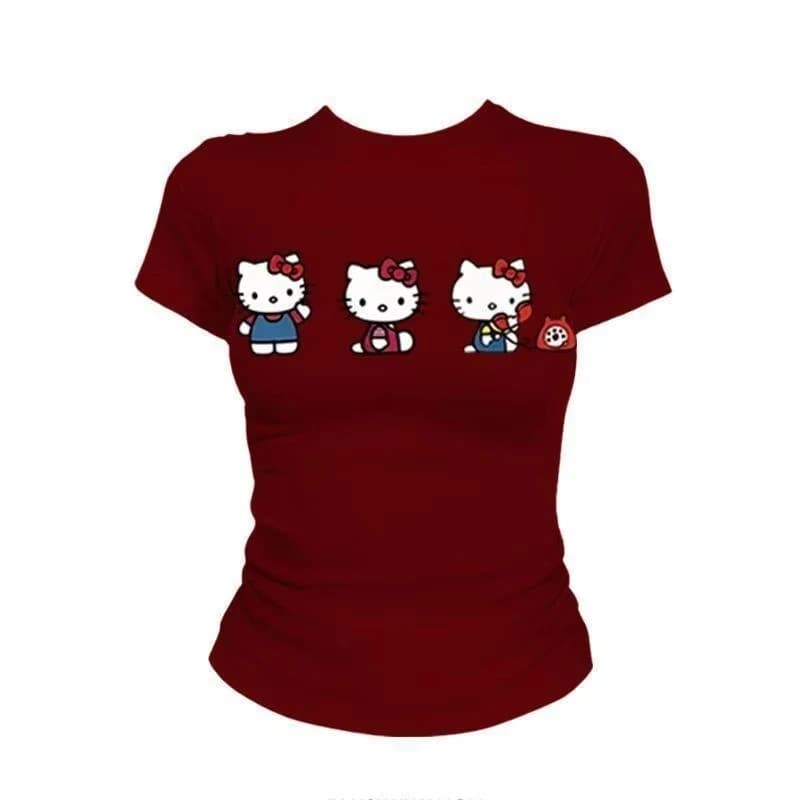 Women's Kawaii Sanrio Hello Kitty Short Sleeved Red Angora, summer print, trendy texture, new fashionable style