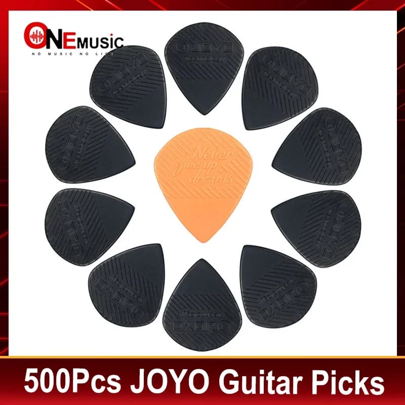 500 pezzi JOYO plettro per chitarra "Never Give Up Dreams" 1.5mm Thinckness nero/arancione