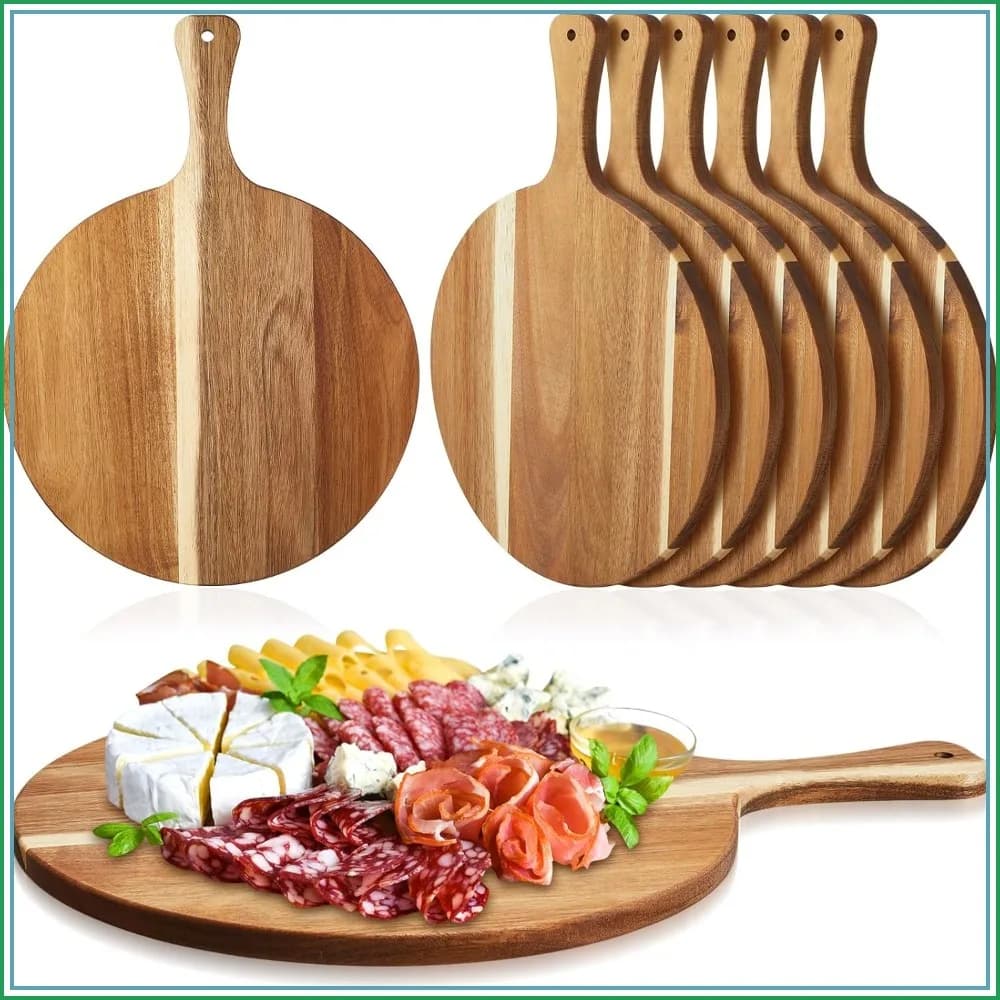 6 Pcs Acacia Wood Round Cutting Board Bulk 0.6 Inch Thick Charcuterie Board with Handle Large Wooden Chopping Paddle for Cutting Pizza Cheese Meat Fruit (12 x 16 Inch)