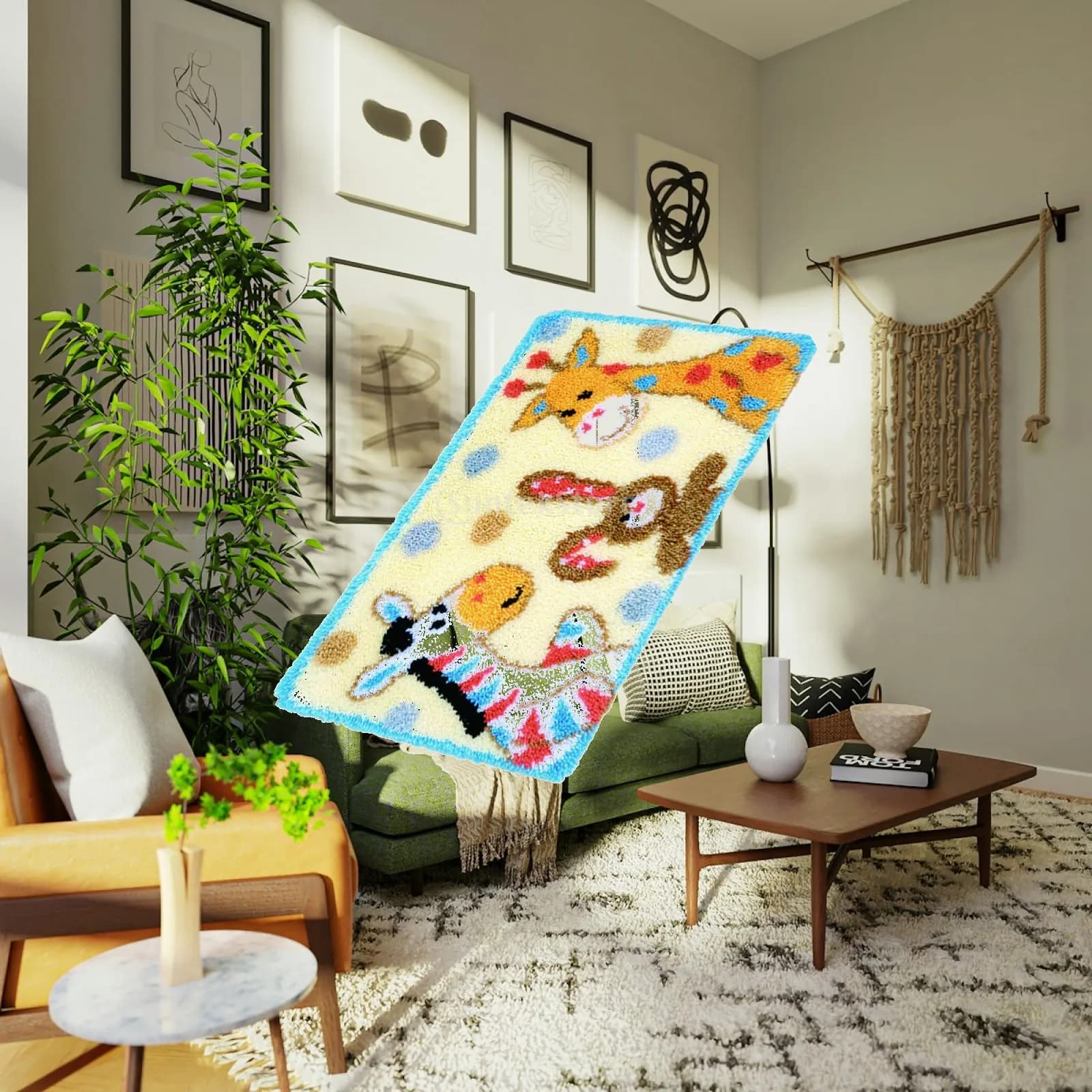 Carpet Latch Hooking Kits Acrylic Yarn Needlework Set DIY Crochet Cushion Craft for Living Room and Bedroom