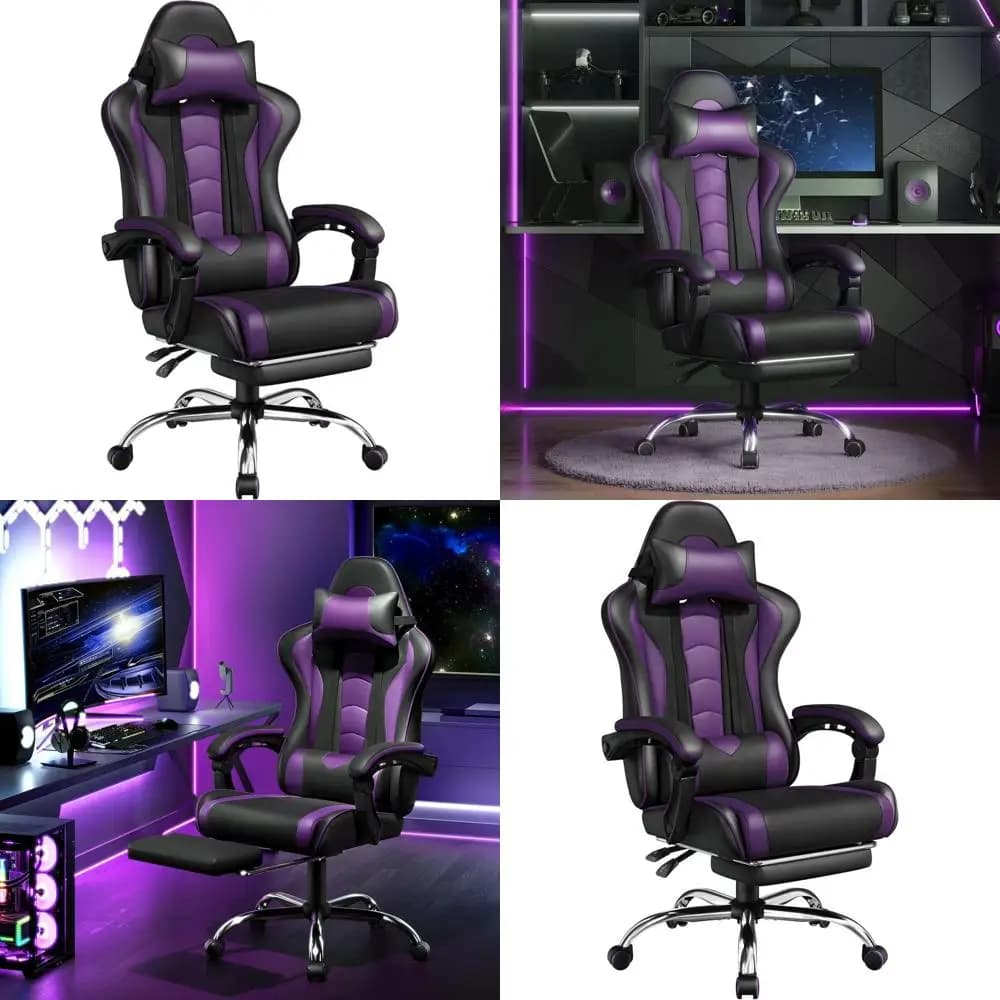 Sedia da Gaming Ergonomica con Supporto Lombare Massaggiante, Altezza Regolabile, Sedile Girevole, Nero/Viola