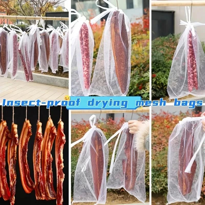 10pcs Breathable Nylon Anti Bird Insect Mesh Storage Bag Anti Fly Gauze Cover For Dried Ham Meat Strawberry Fruit Air Drying Use
