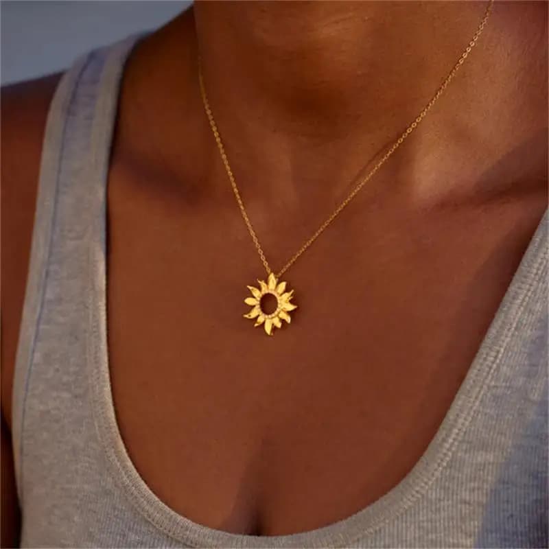 Ladies' Sunflower Pendant Necklace Stainless Steel Clavicle Jewelry, Round Zircon Design, Suitable for Daily Commuting