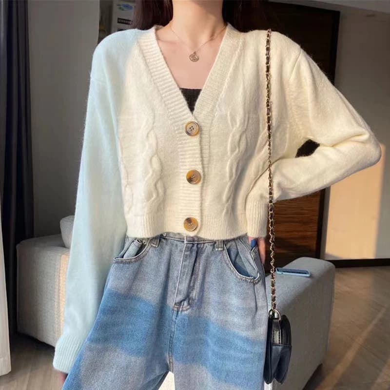 Cardigan corto con scollo a V da donna manica lunga maglione lavorato a maglia twist cappotti autunno inverno tenere al caldo cardigan giacca moda coreana