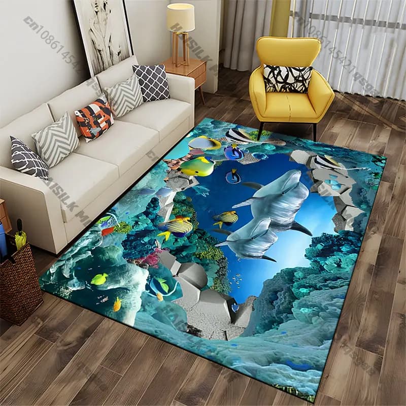 Underwater life with vibrant marine creatures, yoga carpet, decoration for living room, baby cat mat, tirbino, carpet for play area