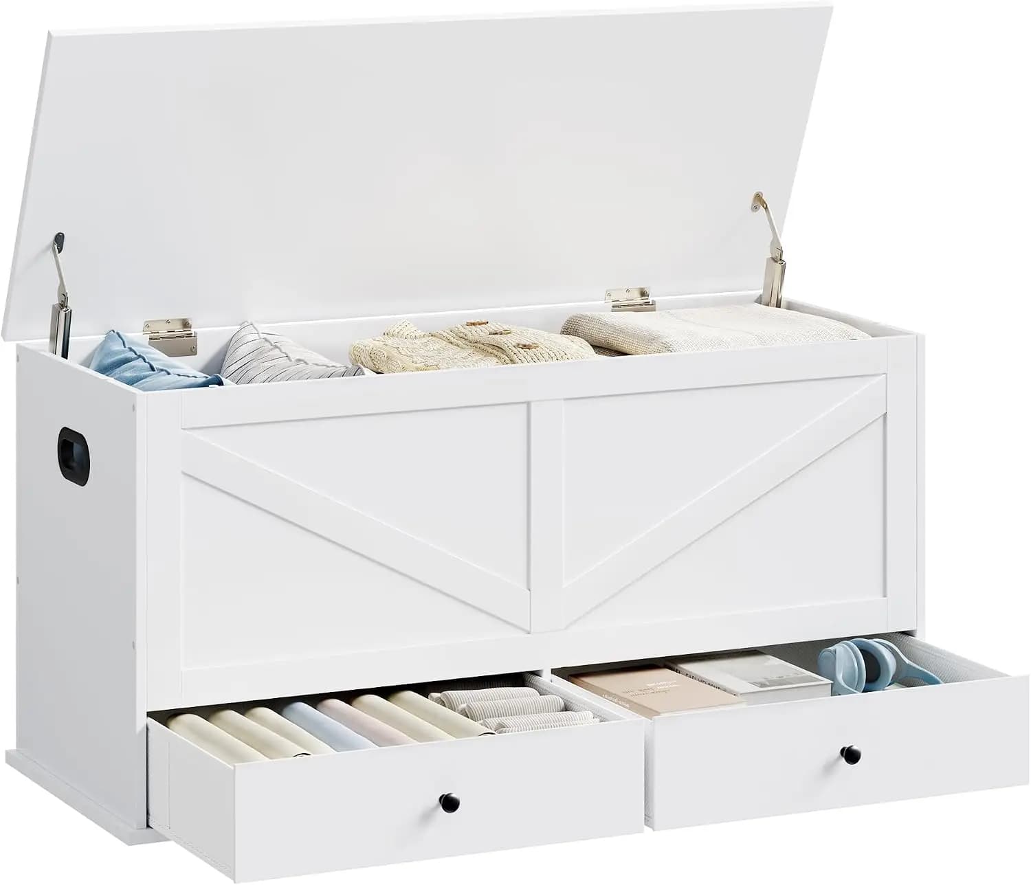 Farmhouse Storage Chest With Drawers, Wooden Entryway Bench, Flip Top Trunk Organizer, Rustic Shoe Bench With Hinged Lid, End Of Bed Cabinet, Multipurpose Storage Box, Cloud White, 1 Piece