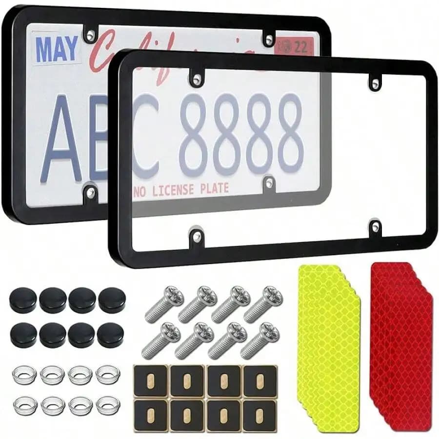 2 Pack Clear Flat License Plate Protector Heavy Duty Plastic Shields With Screws And Reflective Stickers
