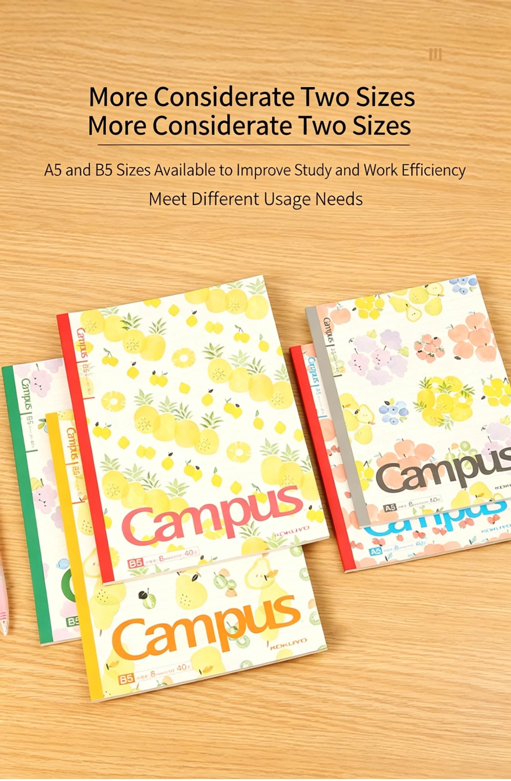 Japanese Style Fruit Print Campus Notebook, KOKUYO, 8mm Line Spacing, 180° Flat Open, B5 Options