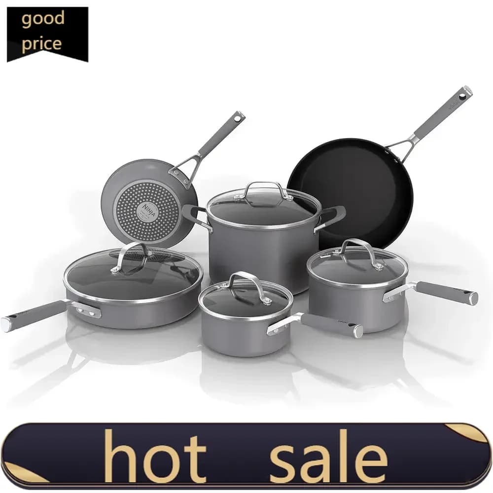 Set di pentole antiaderenti da 10 pezzi con impugnatura comoda, padella, casseruola, pentola, tutti i coperchi, lavabili in lavastoviglie - Prezzo promozionale
