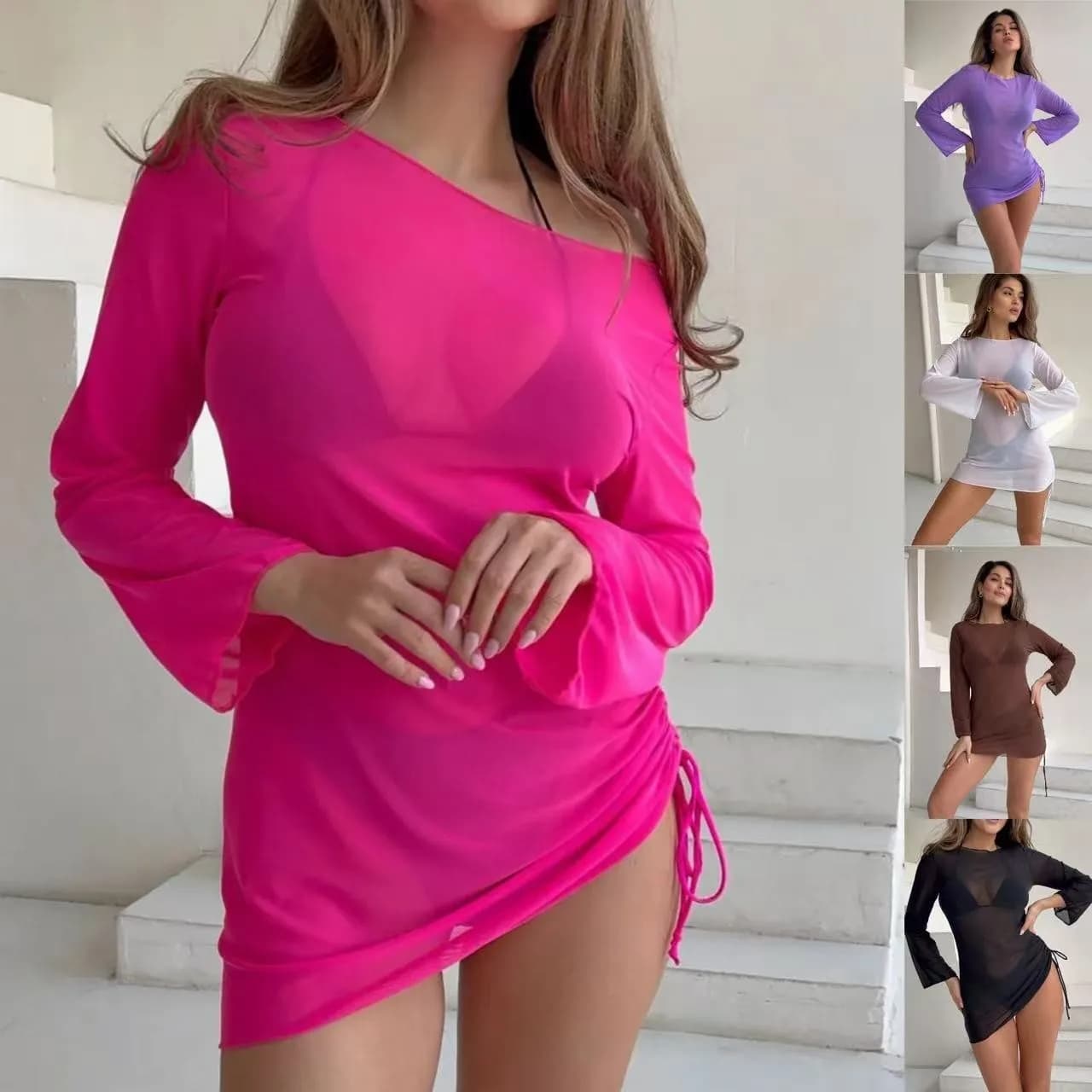 Swimwear Pareo Dress Beach Women Tunic Sheer Mesh Swim Long Sleeve Asymmetrical Hem