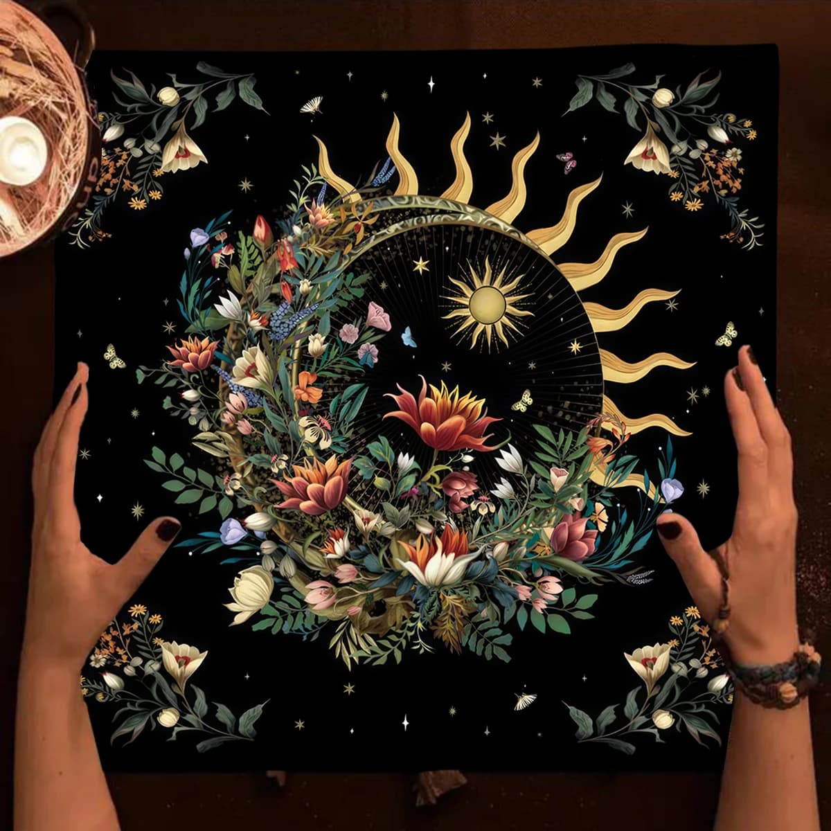Floreale Sole e Luna Piante Tarocchi Tovaglia Altare Panno Luna Cielo stellato Tarocchi Carta Copritavolo Tarocchi Tappetino Estetico Decorazioni per la casa