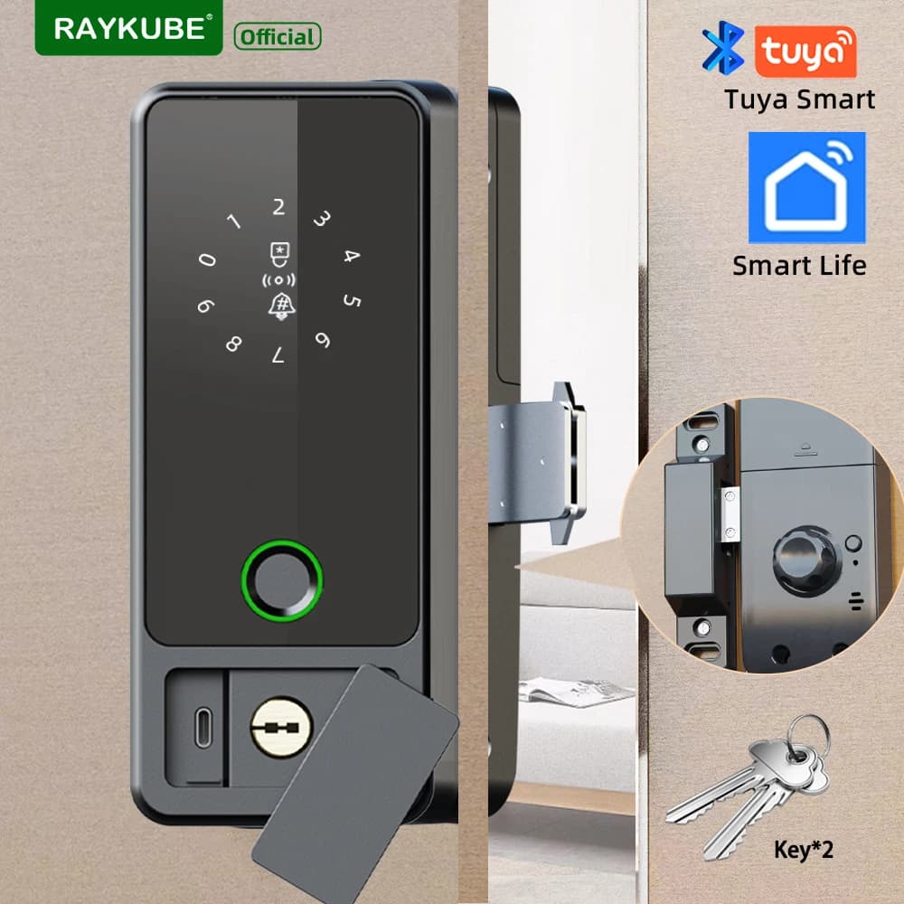RAYKUBE G18 Tuya Bluetooth Smart Door Lock Impronta digitale Serratura elettronica digitale APP/Scheda IC/Sblocco password per porta in acciaio/legno