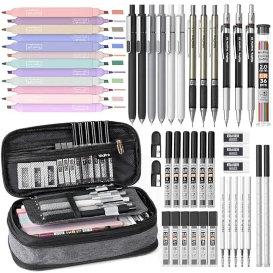 50 PCS School Supplies Stationary Set with Pencil Case - 6 Gel Pens and Refills, 12 Highlighters, 6 Art Mechanical Pencil Set,