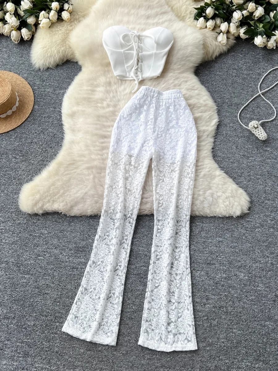 Foamlina American Ins Female Sexy Straps Sleeveless Tube Top Tight Vest Camis + High Waist Hip Wrap Lace Slacks Trousers Pants