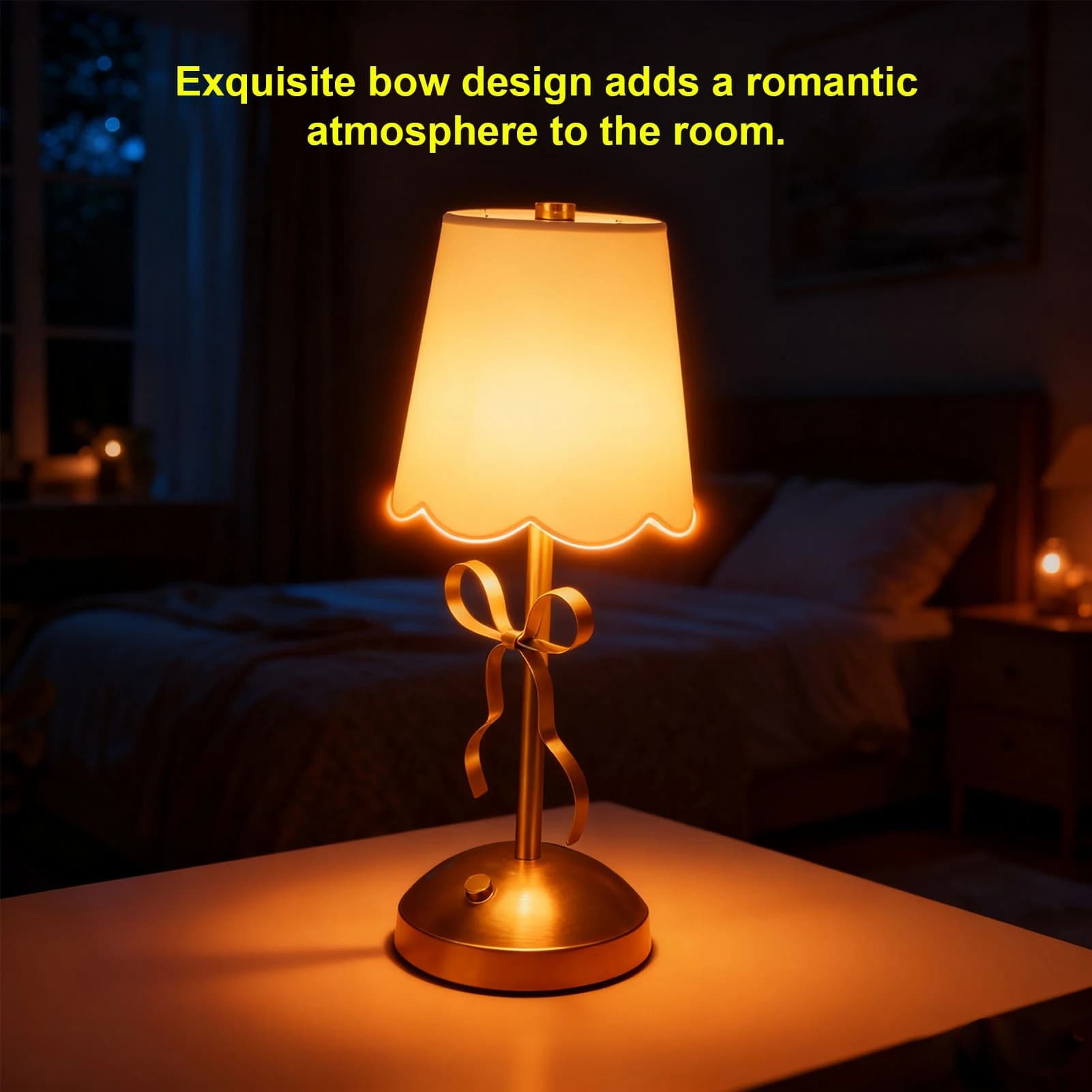 Lampada da tavolo con fiocco senza fili Lampada da tavolo con fiocco con paralume in tessuto Lampada da comodino senza fili ricaricabile in metallo decorativo carino per camera da letto