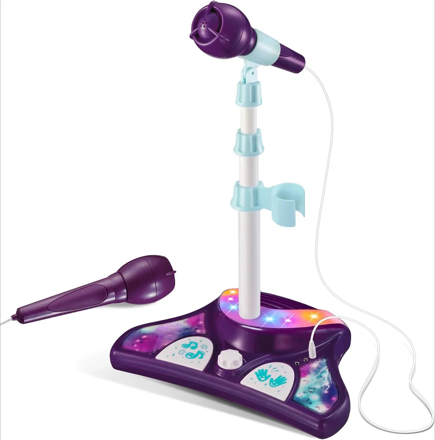 La macchina per karaoke per bambini viene fornita con 2 microfoni e supporti regolabili, porta AUX, sfondo musicale, luci sceniche e pedali lampeggianti