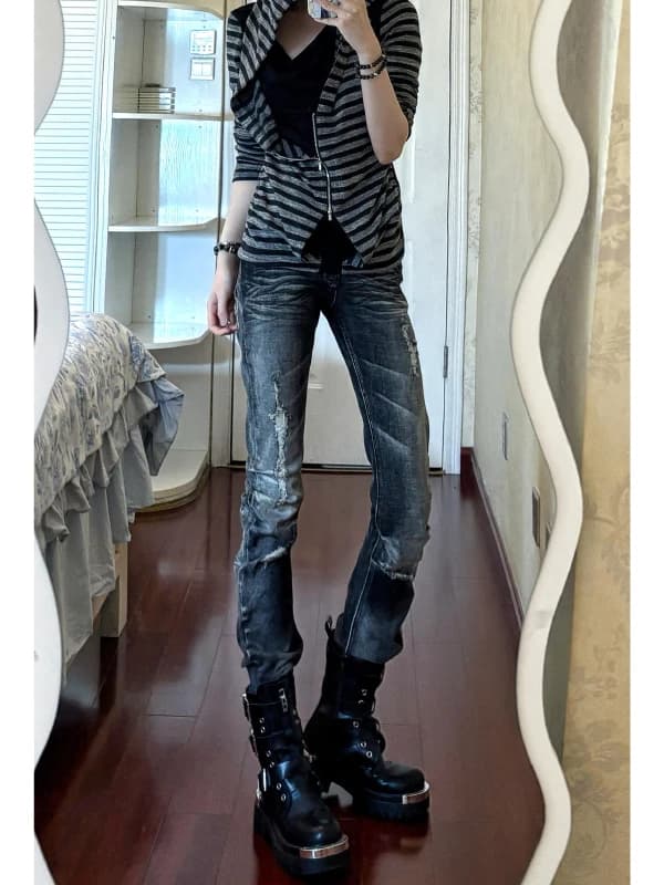 Retro American Distressed Tight Fit Denim Jeans Women's Spring Autumn New Style Spicy Girl Fashion Slim Folded Pants