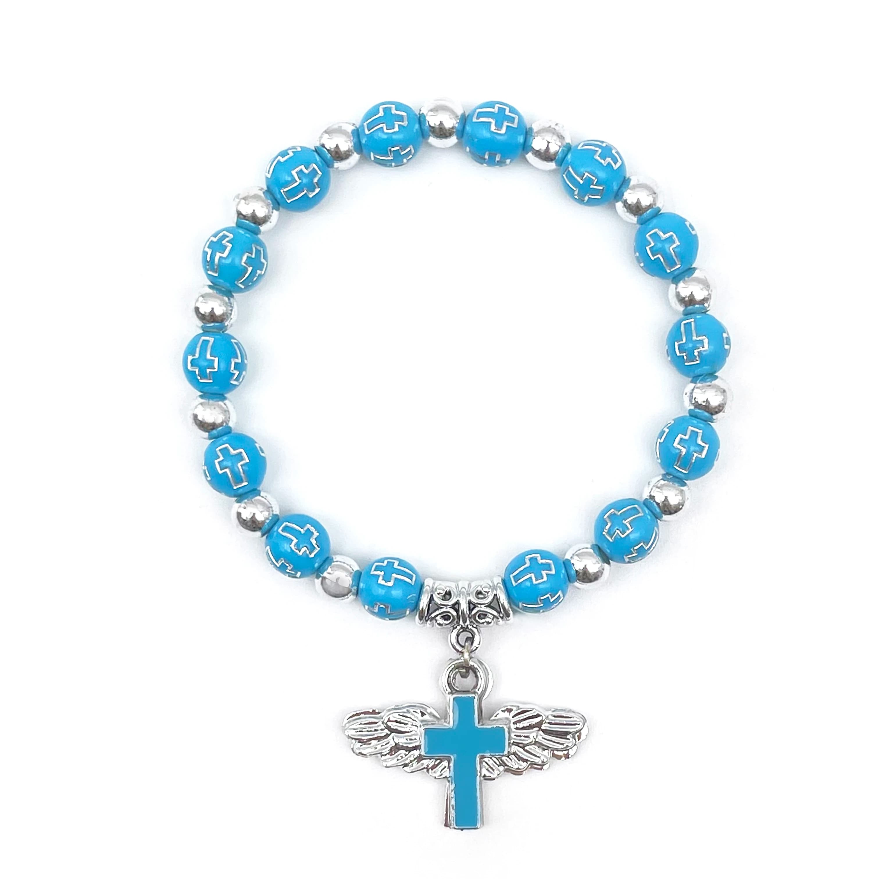 12 Pieces Elastic Bracelet made of crystal with cross angel wing Ricuerdos de Bautizo Communion Birthday Wedding Shower Bomber for boy and girl