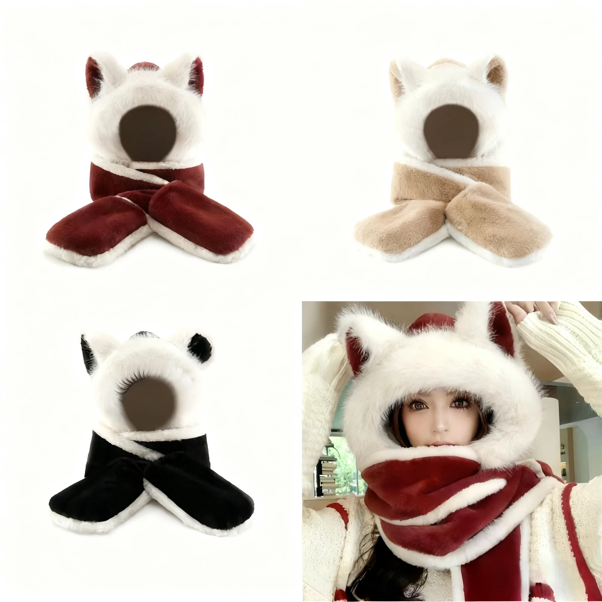 Cappello Invernale Imbottito con Orecchie di Lupo, Set Caldo con Sciarpa e Guanti Integrati, Design Carino con Orecchie di Animale per Climi Freddi