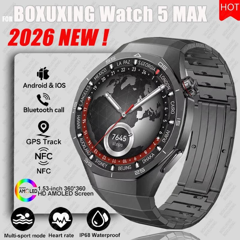 2026 Nuovo BOXUXING Orologio 5 MAX Astuto Della Vigilanza HD AMOLED Schermo NFC GPS Tracker Chiamata Bluetooth Salute Impermeabile Smartwatch Uomo Donna