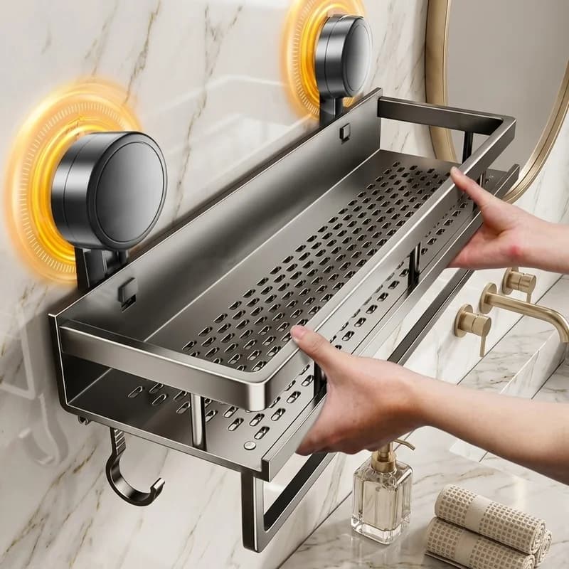 No-Drill Suction Cup Bathroom Shelf, Space Aluminum Wall-Mounted Storage Rack, Waterproof Organizer for Shower Toilet